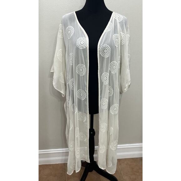 Knox Rose Large XL White Lace Long Open‎ Front Cardigan Kimono Embroidered - Picture 1 of 14